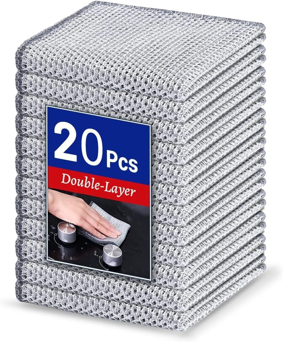 20 pcs Wire Dishwashing Rag for Wet and Dry, Non Scratch Wire Dishcloth, Double Stainless Steel Scrubber,Multipurpose Wire Dishwashing Rags for Cookware, Sinks, Dishes, Stove Tops (20)