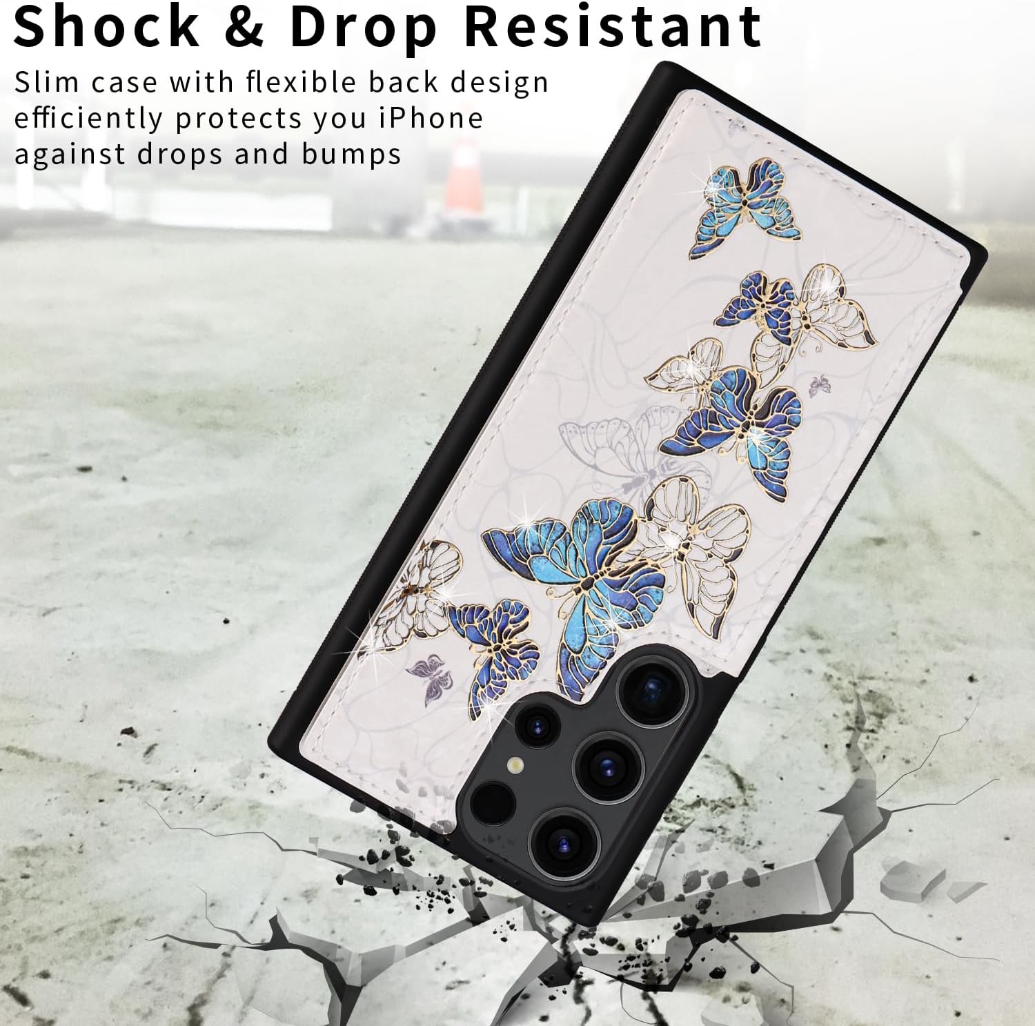 UEEBAI Wallet Case for Samsung Galaxy S25 Ultra 5G with Card Holders, PU Leather Cover Kickstand RFID Blocking Double Magnetic Clasp Rilievo Flower Flip Case for Women Girls - Blue Butterfly - Image 4