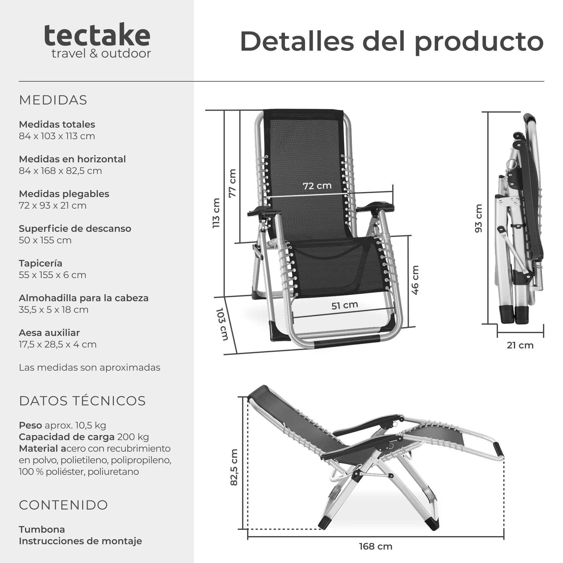 tectake® Silla Tumbona Plegable para Playa y Jardín, Cojín Cabezal Extraíble, Estructura de Acero, Mesa Auxiliar, Ideal para Camping y Picnic, Silla Exterior Terraza - 1 Tumbona Gris Claro