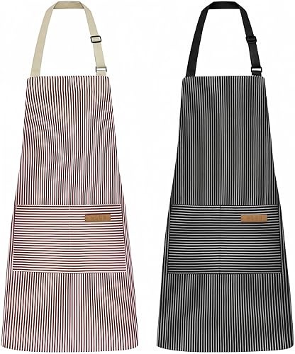 NLUS 2 Pack Kitchen Cooking Aprons, Adjustable Bib Soft Chef Apron with 2 Pockets for Men Women (Black Pinstripes/Pink Pinstripes) - Black Pinstripes/Pink Pinstripes