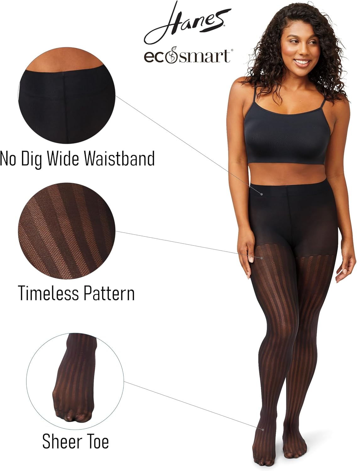 Hanes EcoSmart Openwork Stripe Women's Fashion Tights, Control Top, Sheer Toe, Black - Image 2