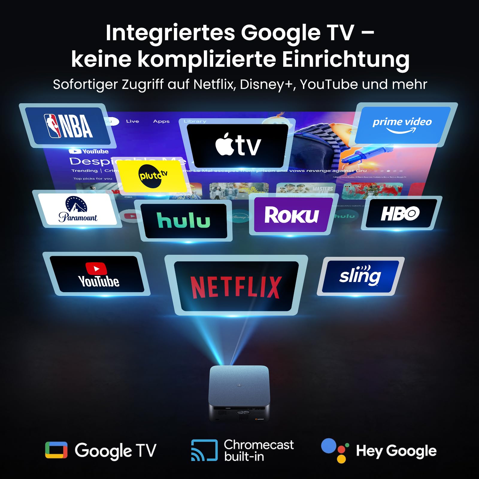 HAPPRUN Smart Beamer mit 3000 ANSI Lumen, Offiziellem Google TV, 4K-Unterstützung, Dolby Audio, Autofokus und Auto-Keystone, WiFi 6 und Bluetooth, für Zuhause und Outdoor, Schwarz