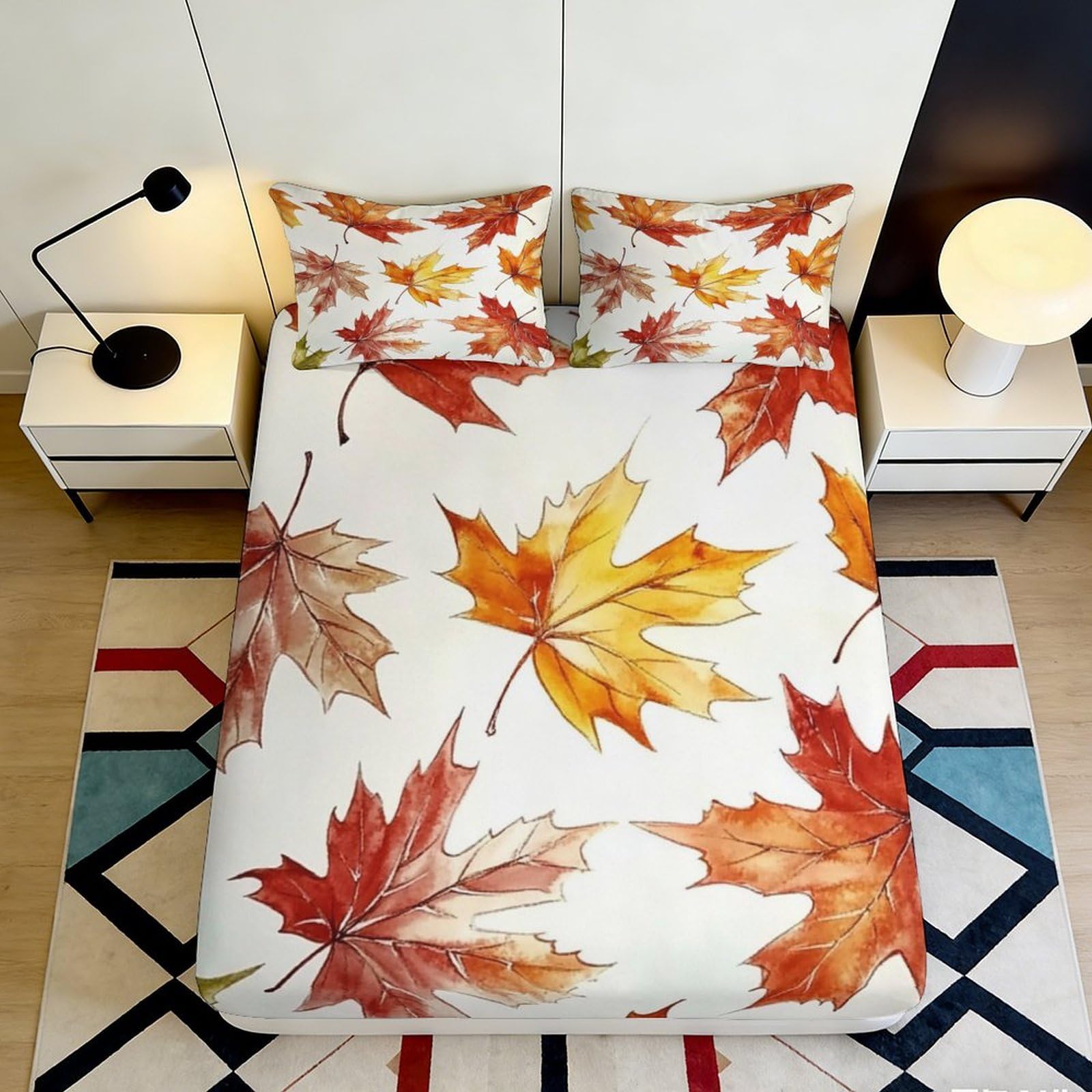 3D Printed Autumn Leaves Fitted Sheet Microfiber Soft Breathable Fall Maple Leaf Bed Cover for Bedroom Dormitory Guest Room Mattress Protection Decor 120x200x25cm