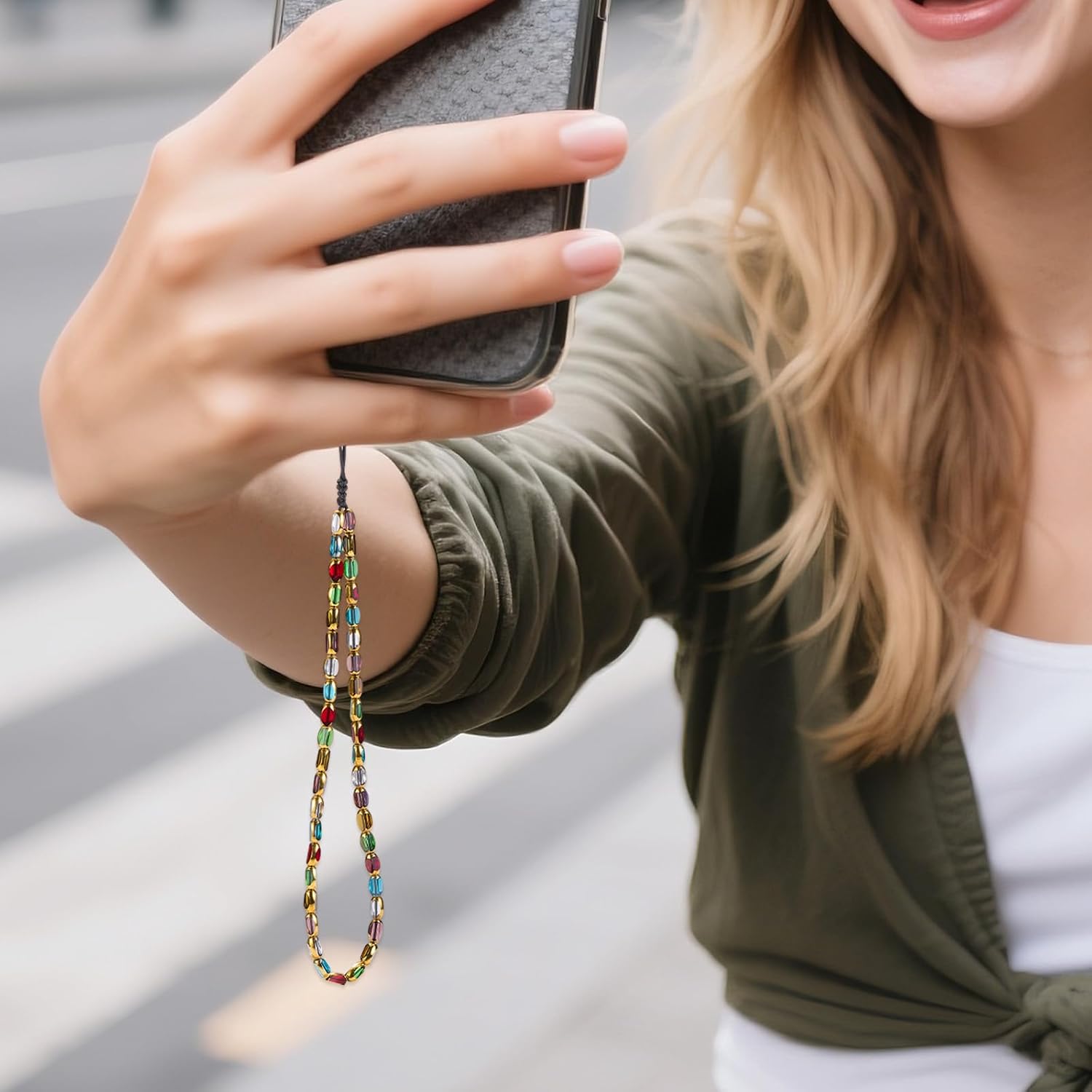 BEEFLYING Phone Charm Cute Beaded Phone Wrist Strap Chain Wristlet with Crystal for Case Bag Keychain with PVC Plastic Cell Mobile Patch for Women