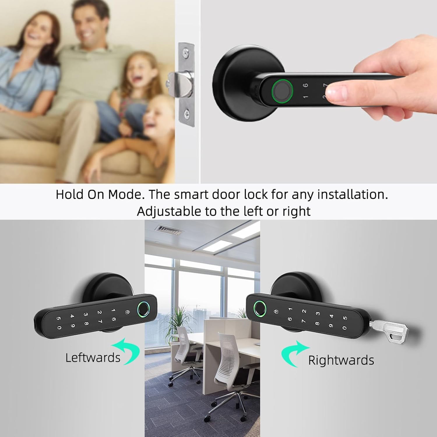 Image demonstrating the reversible handle feature of the smart lock, showing it can be installed for leftwards or rightwards opening doors.