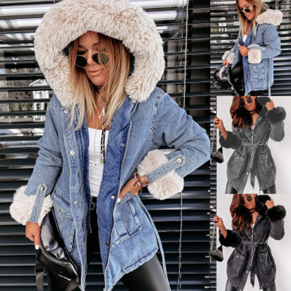 Minetom Chaqueta Vaquera para Mujer Invierno Cuello De Piel Abrigo Chaquetas De Mezclilla Tallas Grandes Suelto Casual Peludo Caliente Moda Outwear Capa Espesar Abrigo
