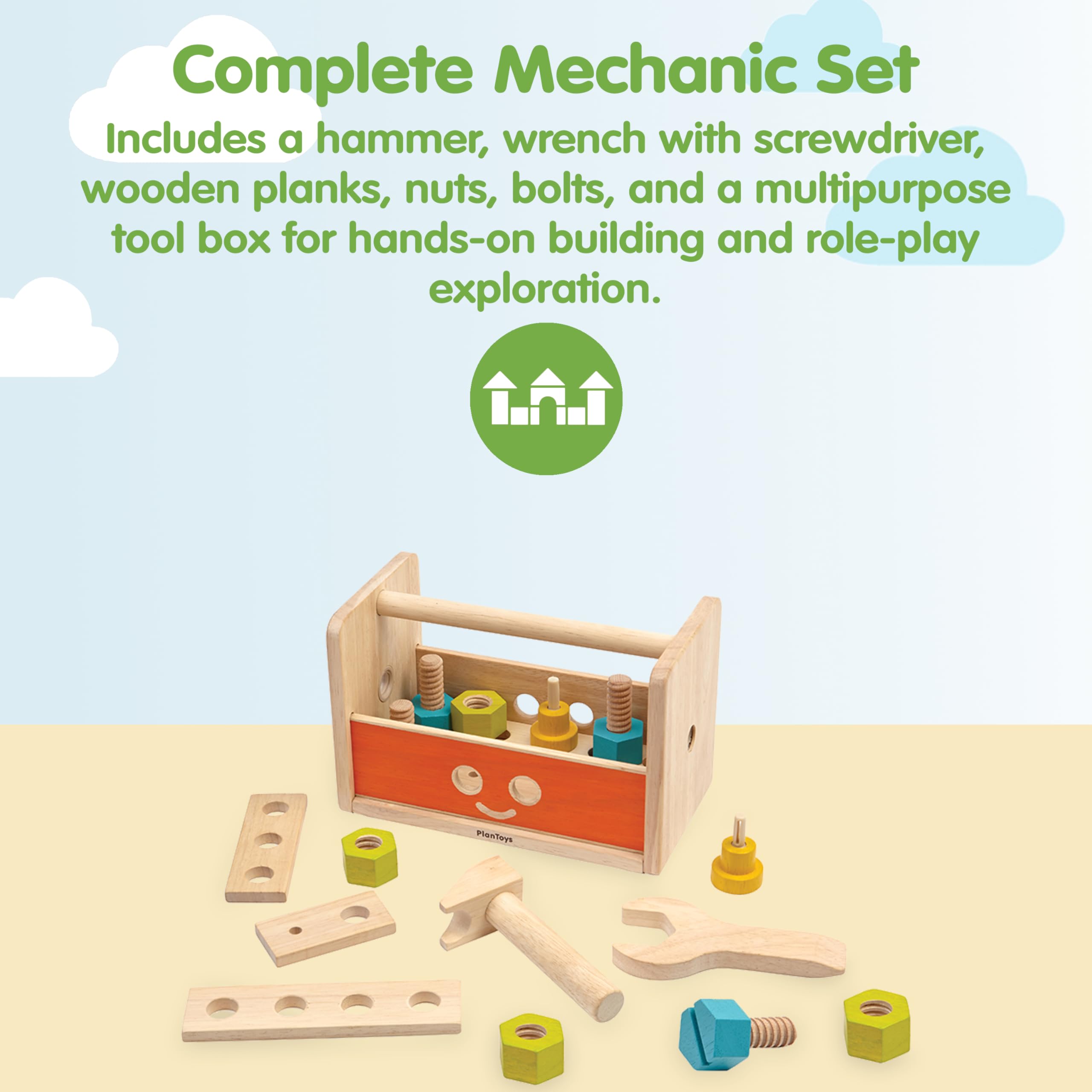 PlanToys Werkzeugkoffer aus Holz mit Schraubenschlüssel, Muttern und Schrauben, Holzbrettern und Formen, nachhaltig aus Gummibaumholz und ungiftigen Farben und Farbstoffen