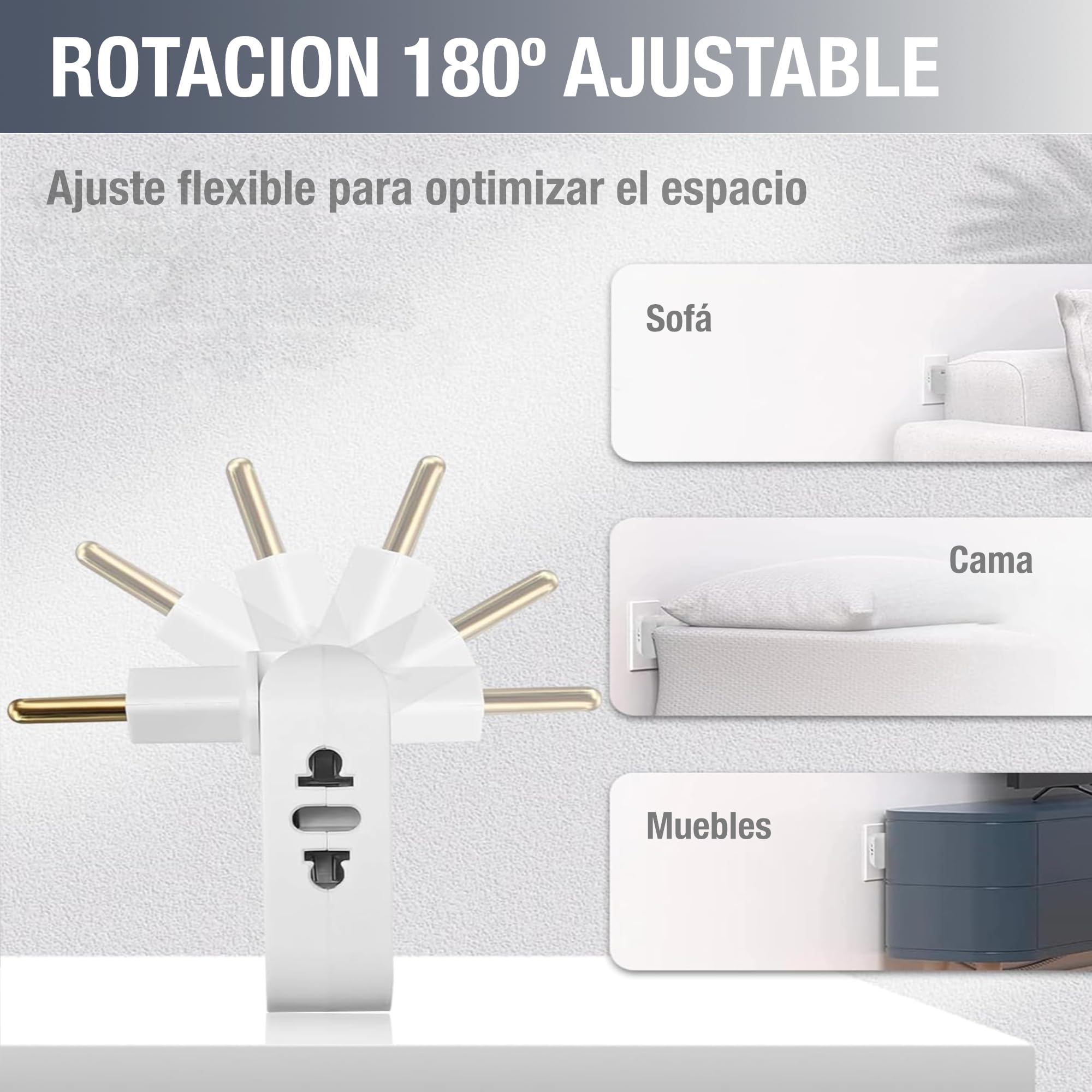 Ladrón Enchufes Plano 3 Tomas - Adaptador Europeo y Americano - Enchufe Plano Pared con Cabezal Giratorio 180º - Enchufe Extraplano para Hogar + Oficina + Electrodomésticos - Color Blanco | 3-Stars — view 3