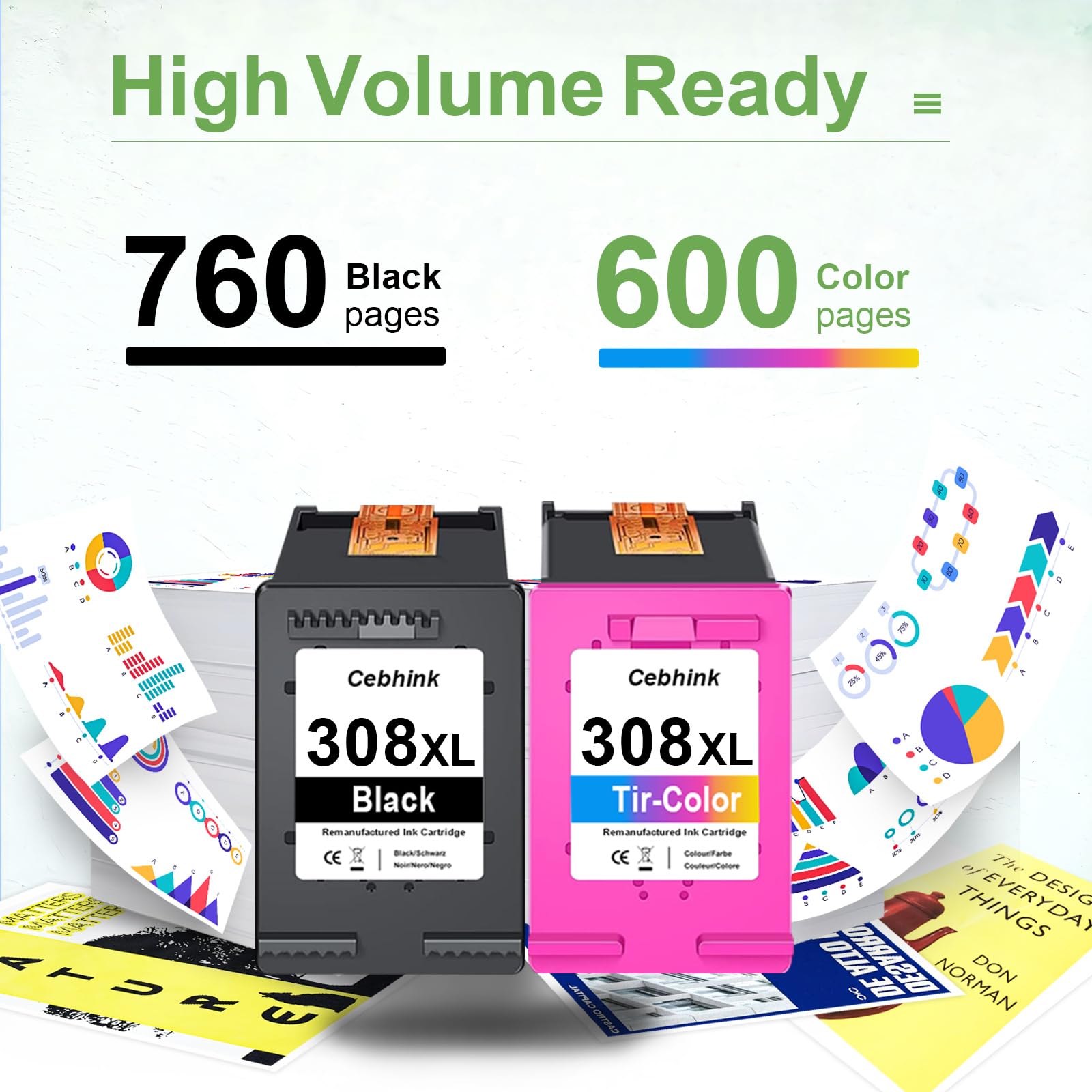 308XL - Cartuchos de tinta negra y de color, 2 unidades, alta capacidad, compatible con impresoras HP 308 XL