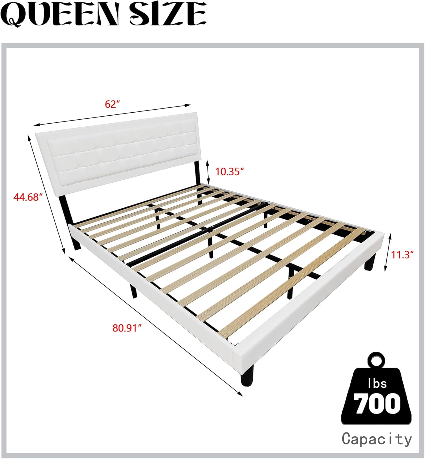 Queen Size Bed Frame Linen Upholstered Platform with Adjustable Headboard Wood Slats Support No Box Spring Needed Easy Assembly White