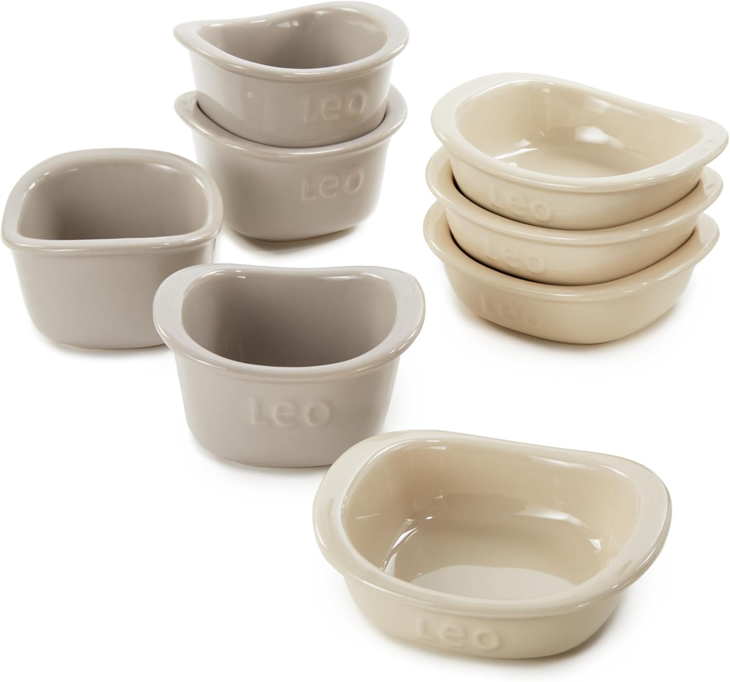 BergHOFF Balance 8Pc Square Ramekin Set Non-porous Ceramic Bakeware for Baking Souffle Serving Dishes Safe Grip Wide Handle Oven Safe Up To 464°F