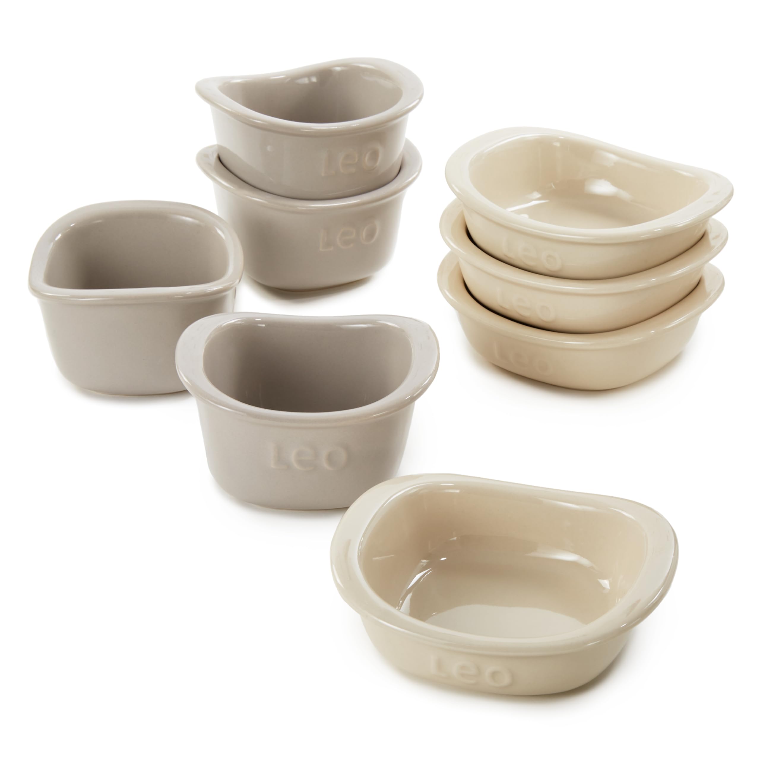 BergHOFF Balance 8Pc Square Ramekin Set Non-porous Ceramic Bakeware for Baking Souffle Serving Dishes Safe Grip Wide Handle Oven Safe Up To 464°F
