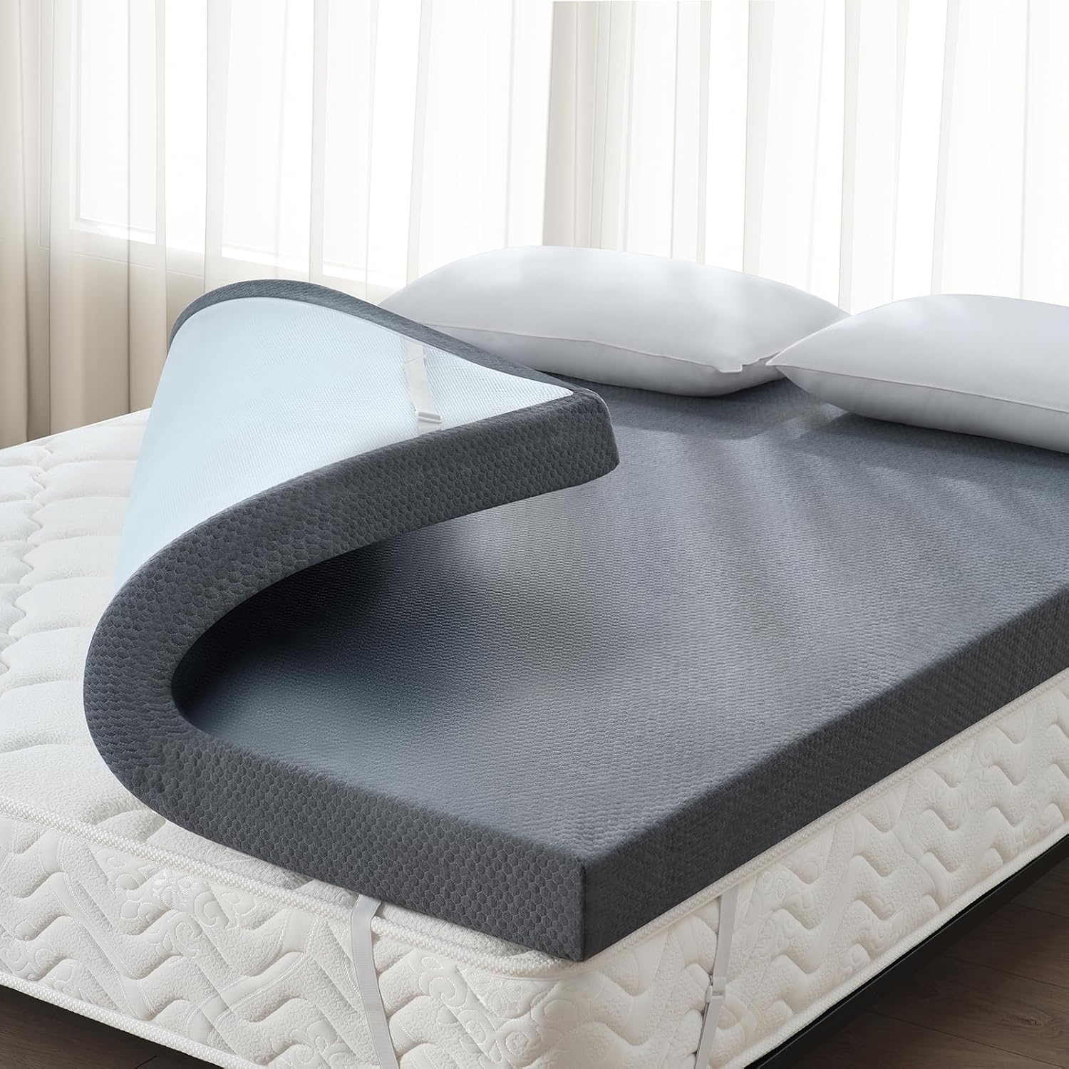 3 Inch Queen Memory Foam Mattress Topper, Cooling Gel Bed Topper with Premium Removable Skin-Friendly Non-Slip Cover, High Density Ventilated Mattress Pad CertiPUR-US & Oeko-Tex Certified, Grey