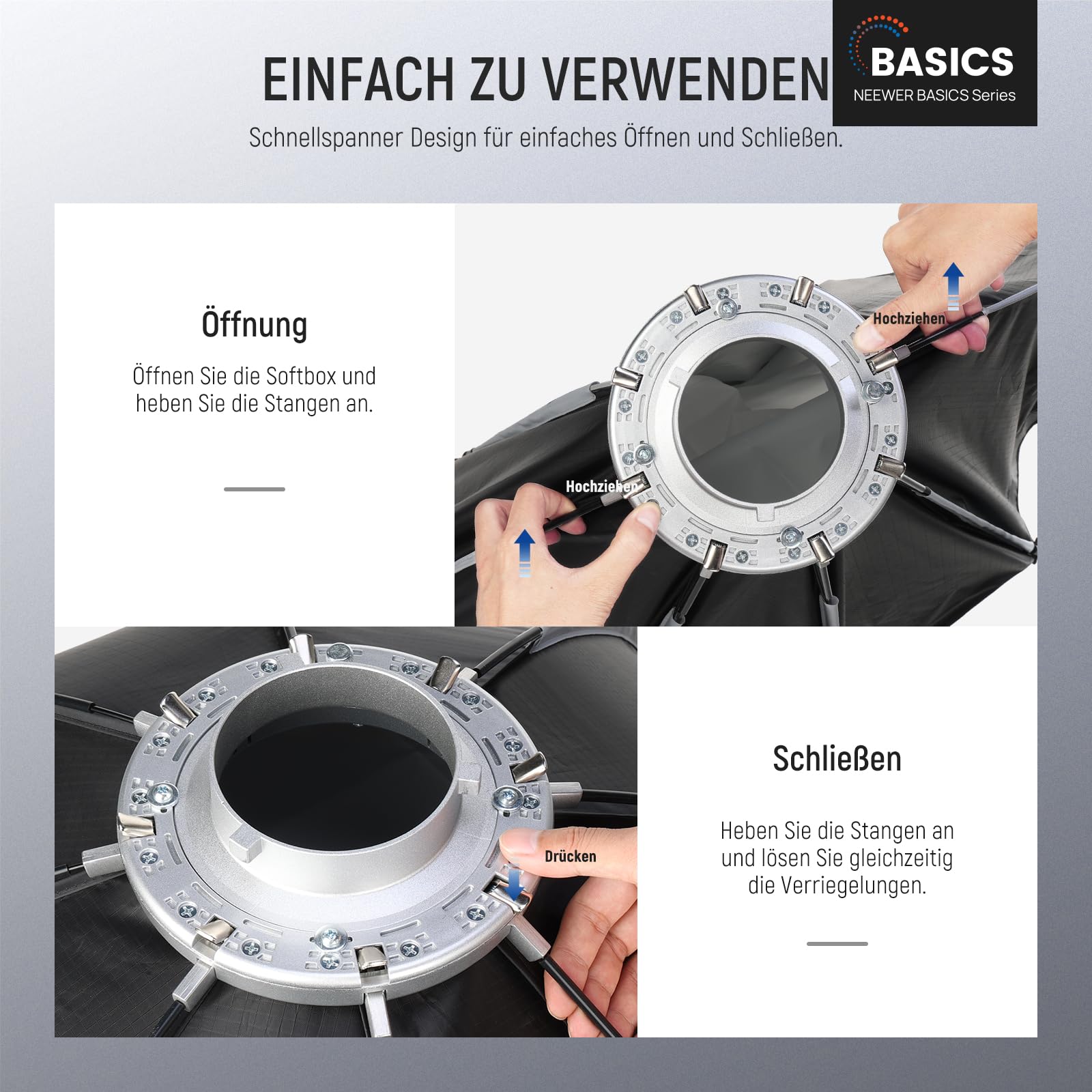 NEEWER Basics Achteckige Softbox Set für Studio Videoaufzeichnung Streaming, 25.6"/65cm Schnellspanner Bowens Mount Soft Box/Grid/Licht Diffusoren für Dauerlicht & Strobe Blitz, NS33P