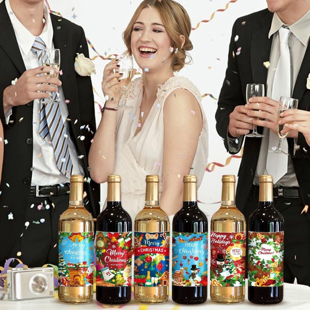 Christmas Wine Bottle Labels, 8 Pcs, Party Decorations, Holiday Themed, Waterproof, Rectangular, Paper, Stickers