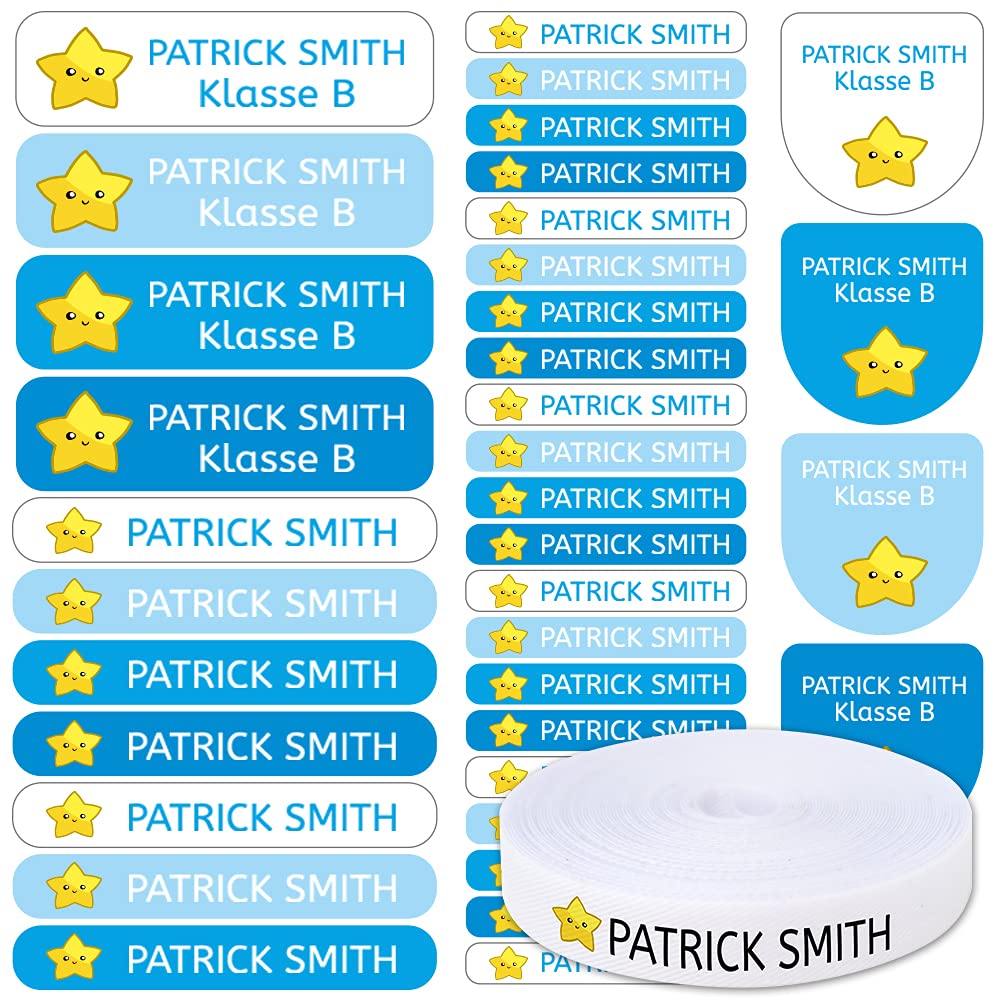 155 pegatinas de Nombre personalizadas para marcar ropa y objetos. 100 Etiquetas de tela termoadhesiva para planchar + 55 etiquetas adhesivas resistentes al agua.