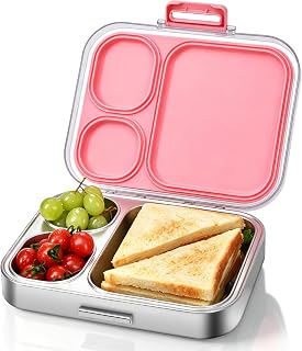 UPTRUST Stainless Steel Bento Lunch Box, 3-Compartment, Pink, 4.2Cups | Leak-Proof, For Kids & Adults, 304 Stainless Steel, Dishwasher Safe, Clear Tritan Lid, 1000ML