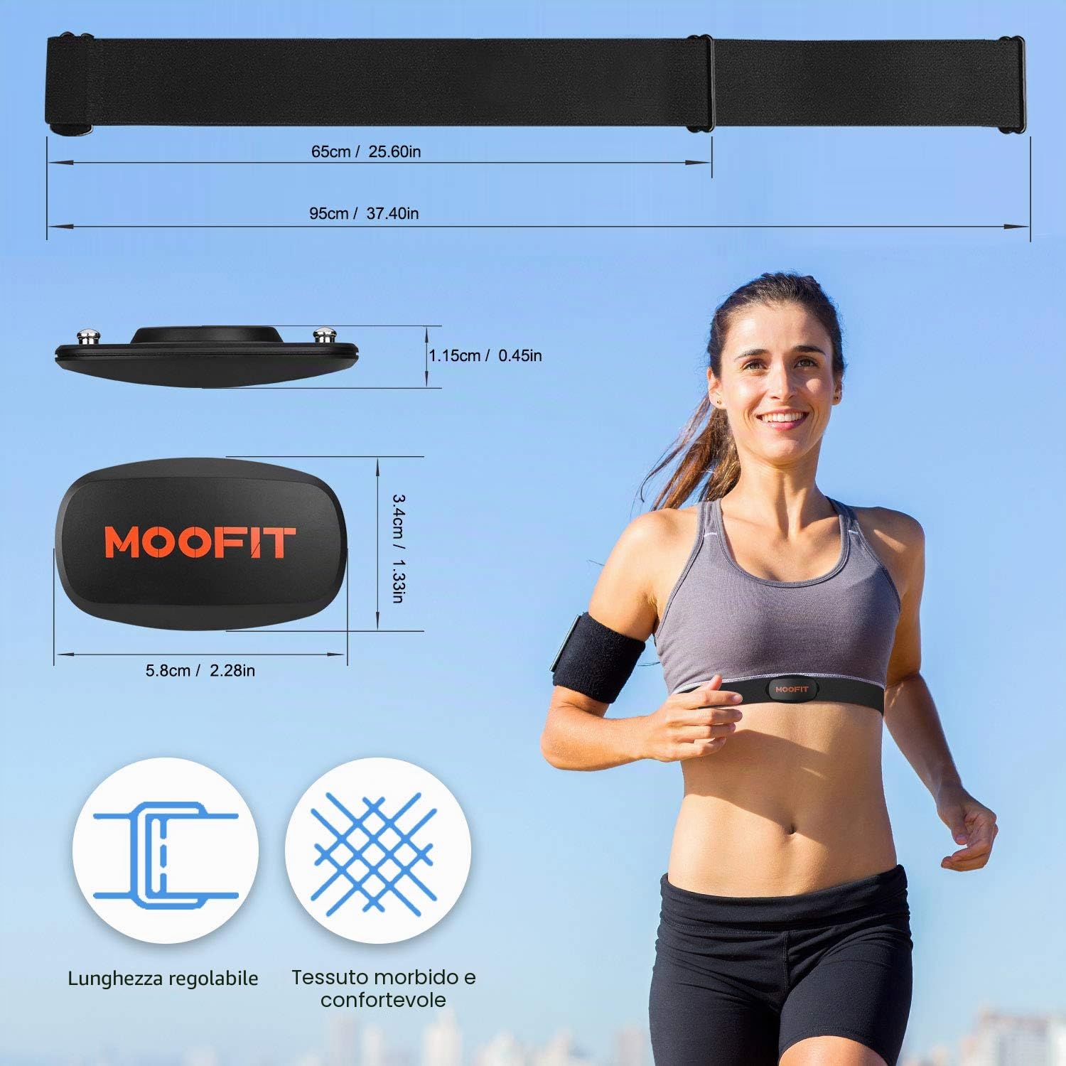 moofit HR6 Cardiofrequenzimetro Fascia Toracica, Sensore HR Impermeabile IP67, Bluetooth/ANT+, Dati HR in Tempo Reale e Dinamica del Movimento Durante l'esercizio, Compatibile con APP iOS/Android
