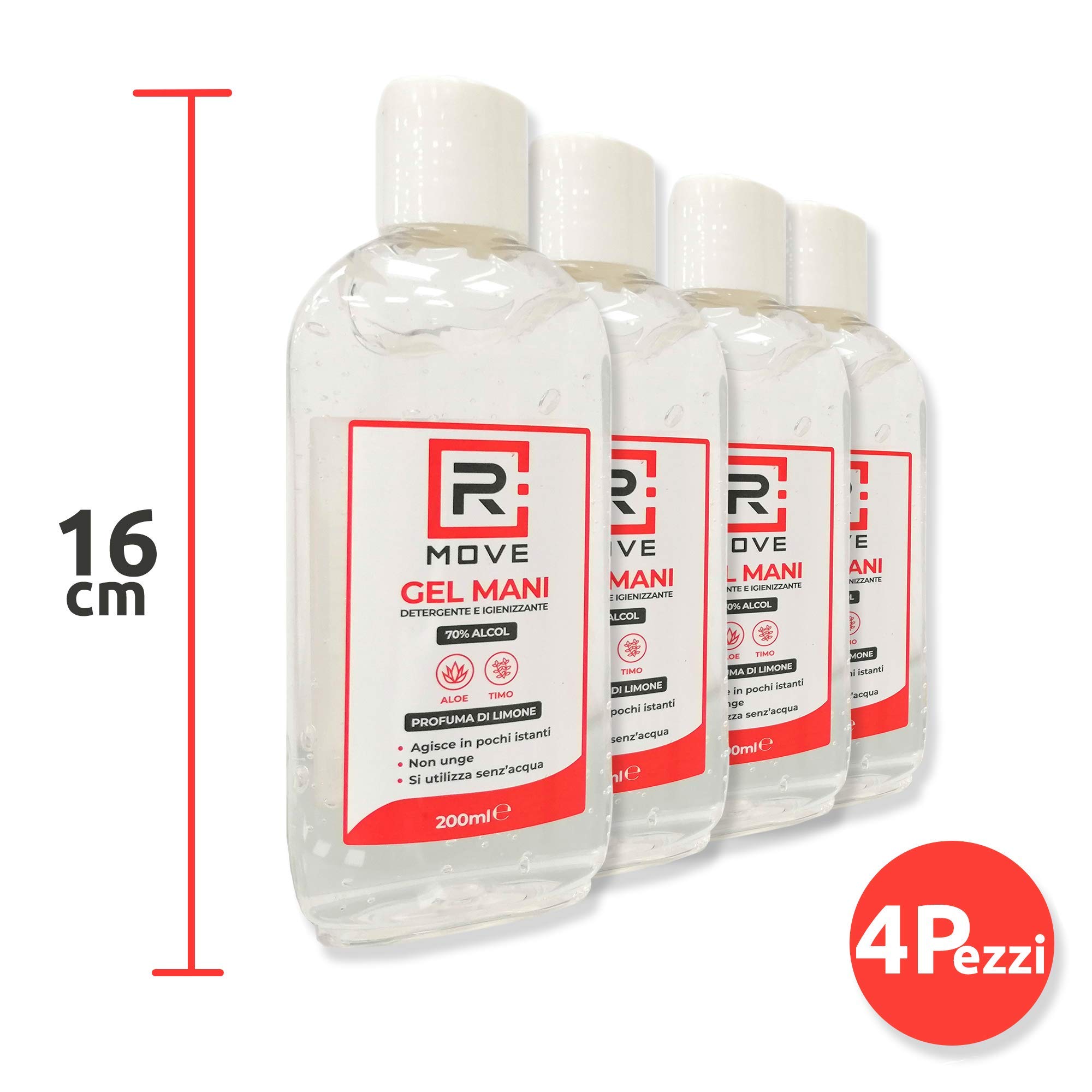 RMOVE 4 flaconi 200ml gel igienizzante mani 70% ALCOL profumato al limone con Aloe e Timo