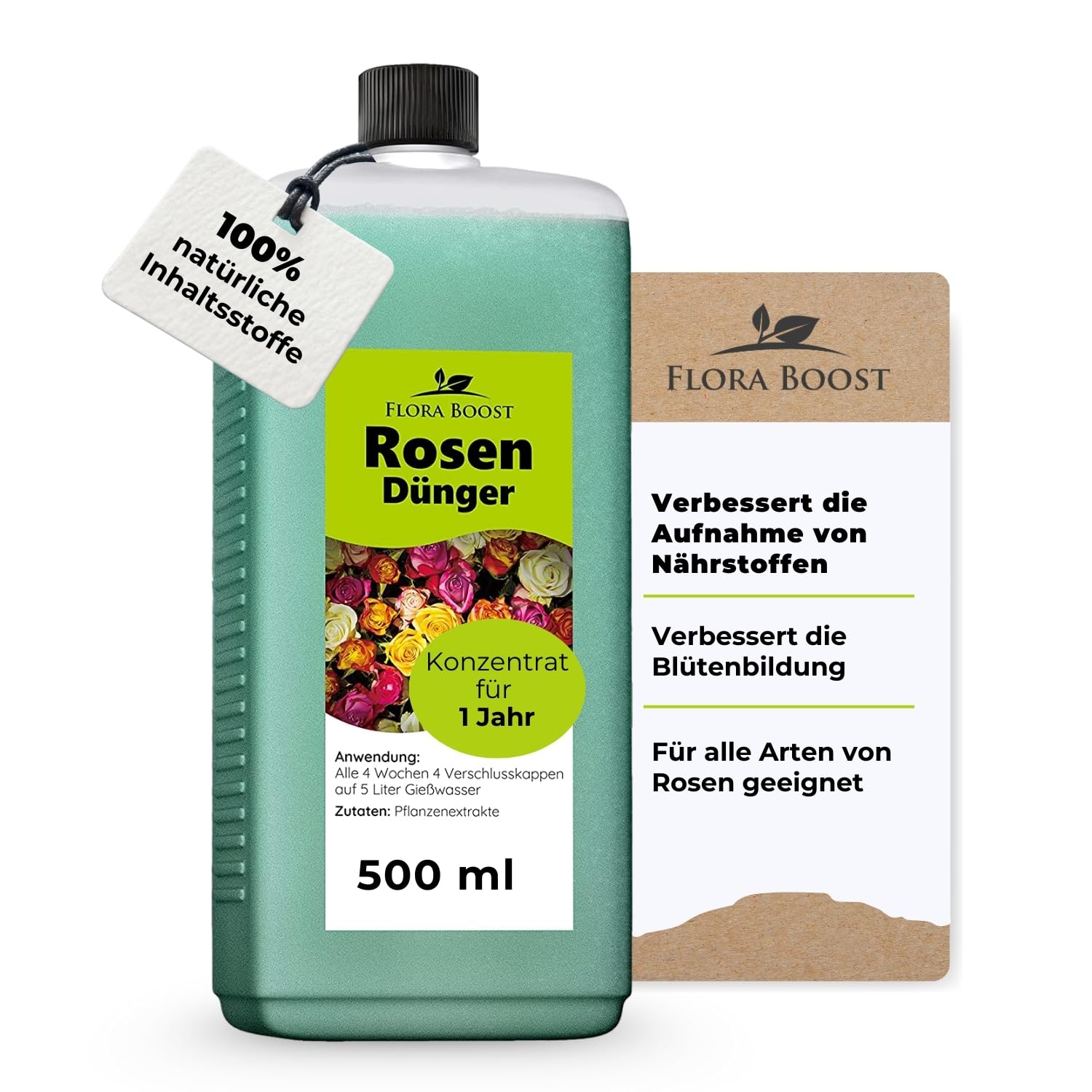 Konfitee Rosen Dünger Flora Boost 500ml I Für bis zu 100L Gießwasser I Langzeitdünger für alle Arten von Rosen geeignet I Flüssiger Blatt- & Wurzeldünger I 100% natürlicher Pflanzendünger