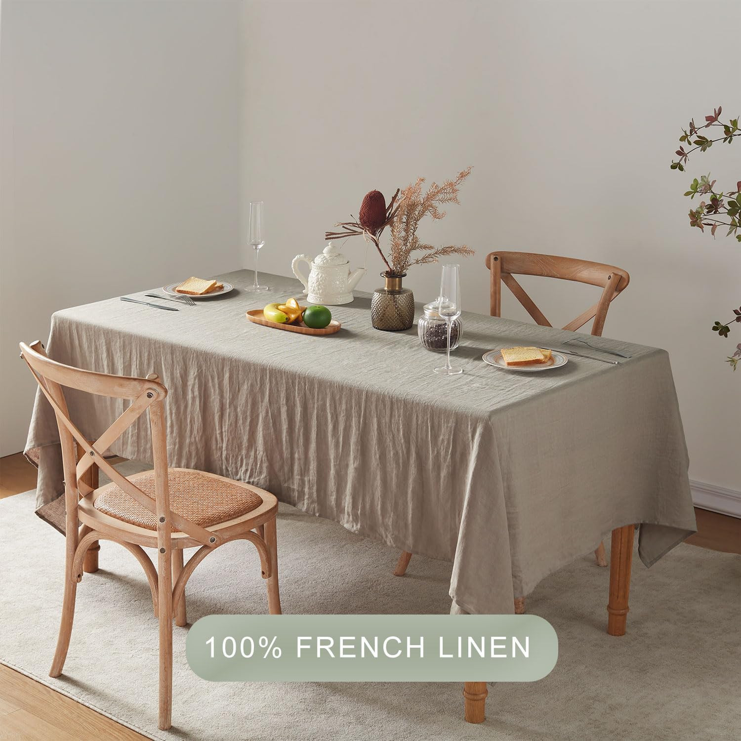 TOSMO 100% French Linen Tablecloth, Washable Farmhouse Rectangle Table Cloth for Kitchen, Dining, Party, Cocktail, Indoor and Outdoor Daily Use(60''x84'',Taupe)