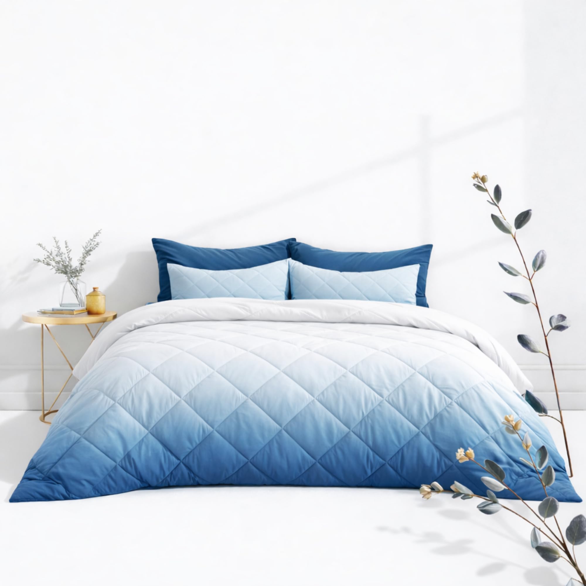 VELOURA Premium Quilted Comforter, 100% Cotton, Geometric Pattern, All-Season Breathable Bedding with 300GSM Polyester Fill, Modern Ombre Style (Blue, Double)-image-1