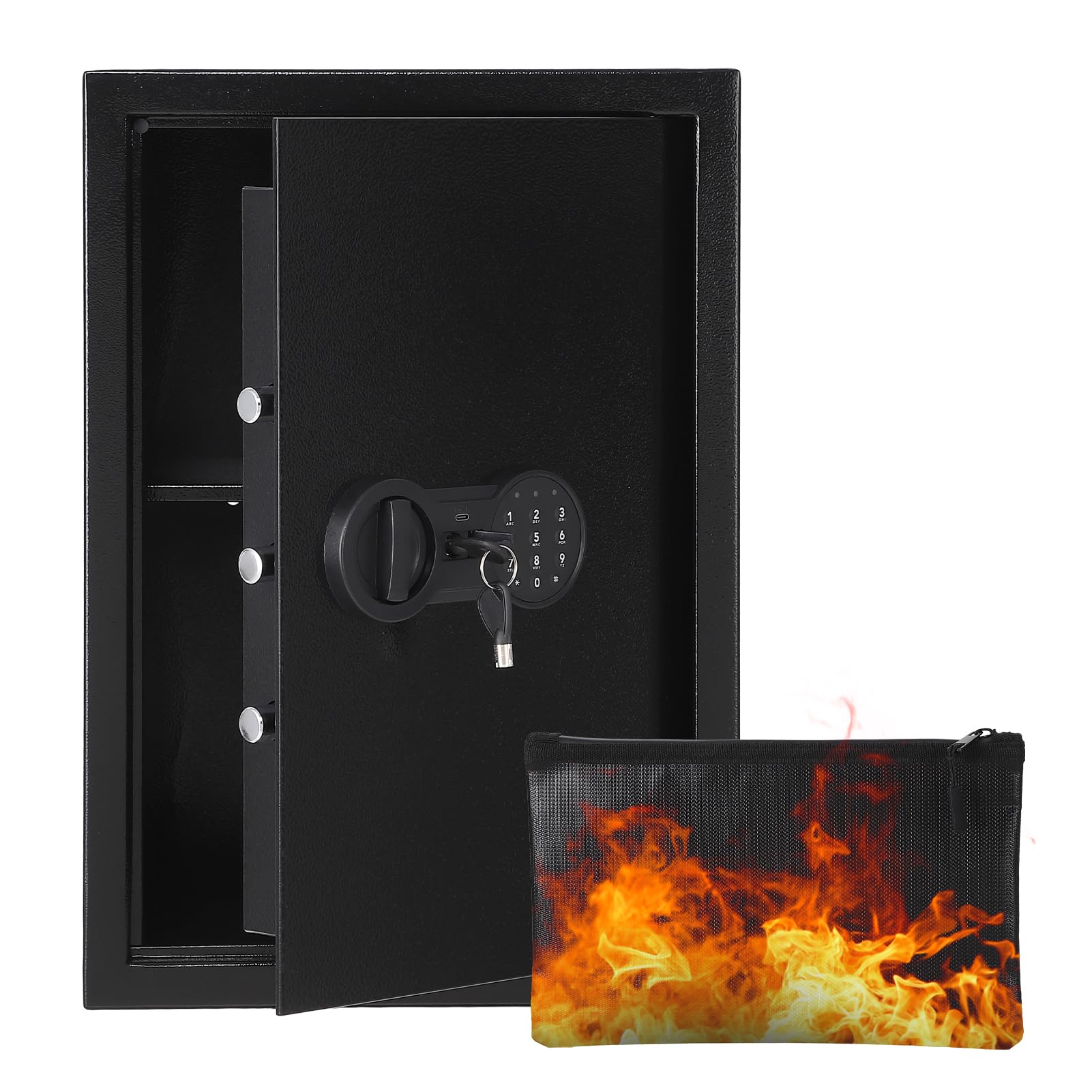 Garvee Caja de seguridad de acero con doble sistema de cierre, caja fuerte con resistente al fuego, impermeable, alarma, compartimento extraíble, montaje en pared/suelo, para dinero, joyas, documentos