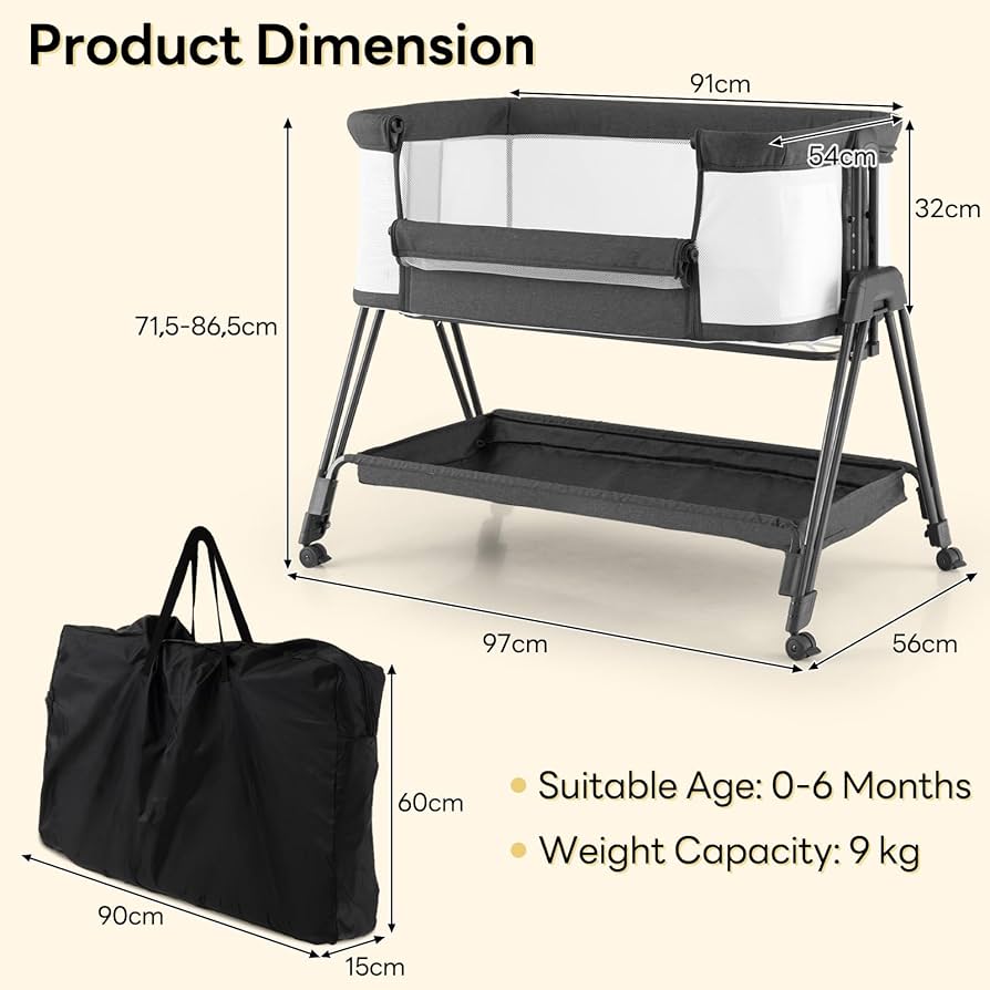 GYMAX Baby Bedside Crib, Foldable Infant Side Cot with Carry