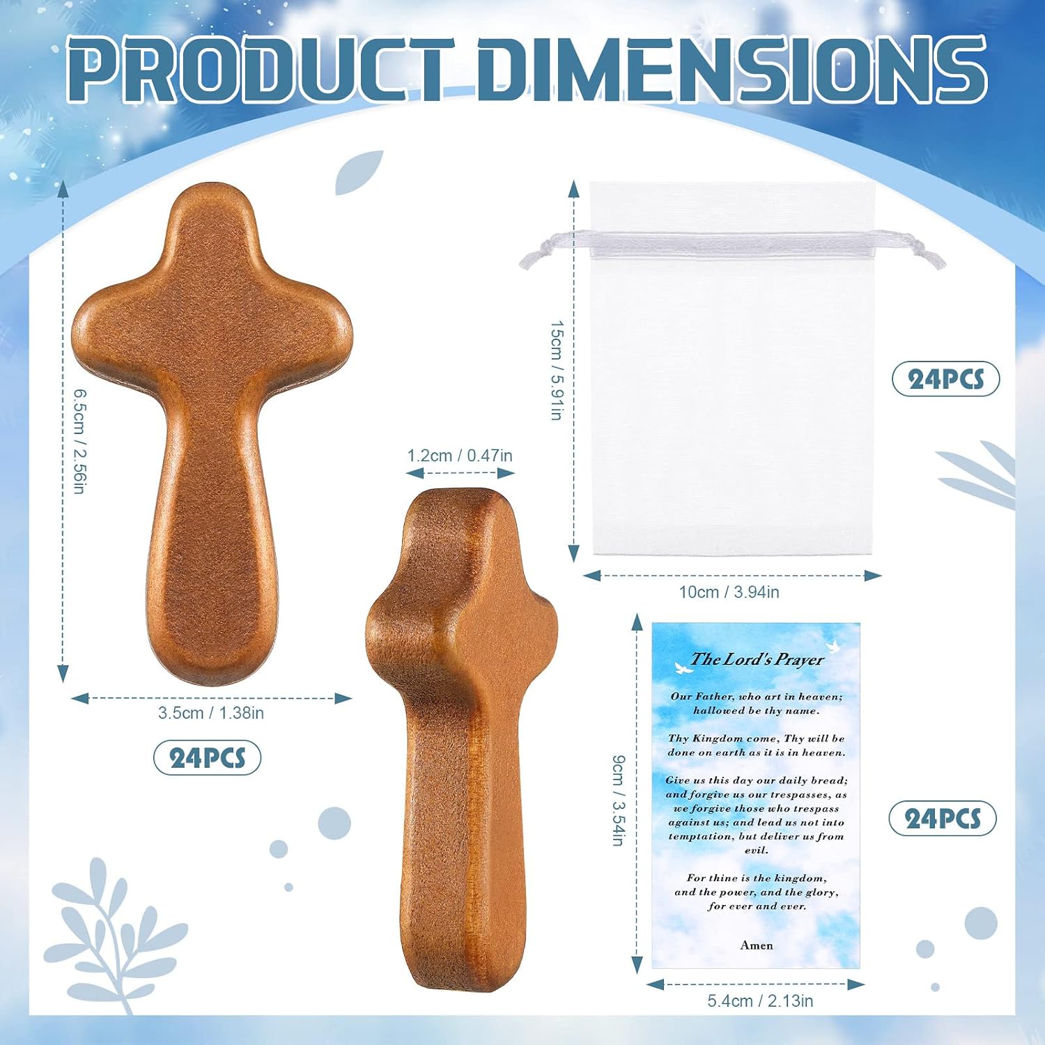 24 Pack Wood Holding Crosses Set 24 Mini Hand Holding Cross 2.56 Inch Pocket Crosses with 24 Bible Prayer Cards and 24 Organza Bags Caring Cross for Christian Church Jesus Religious Gift
