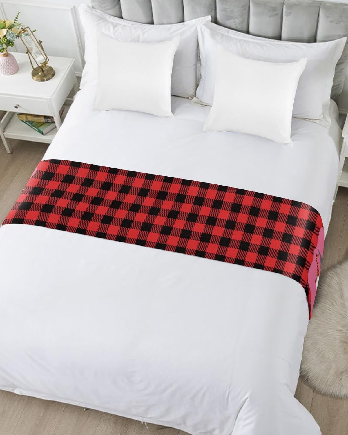Bed Runner Scarf, Valentine's Day Lovely Dwarf Red Black Check Plaid King Bed Bedding Scarves Cover Decorative Bed Scarf for Home Hotel Guesthouse Bedroom Wedding Room Guestrooms 102"x20"