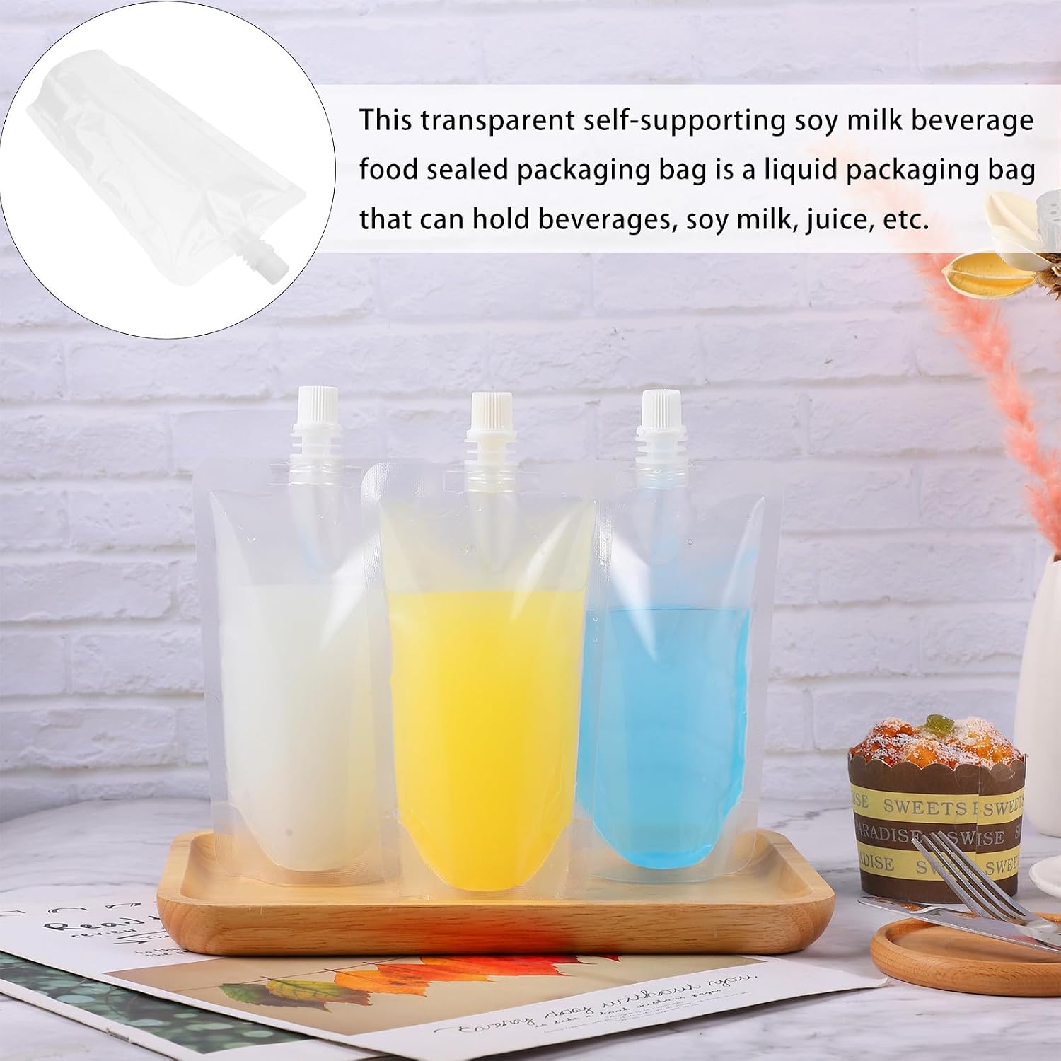 minkissy 50pcs Reusable Plastic Beverage Flasks Bag with Spout 380ml Capacity Liquid Drinking Pouches for Camping and Going