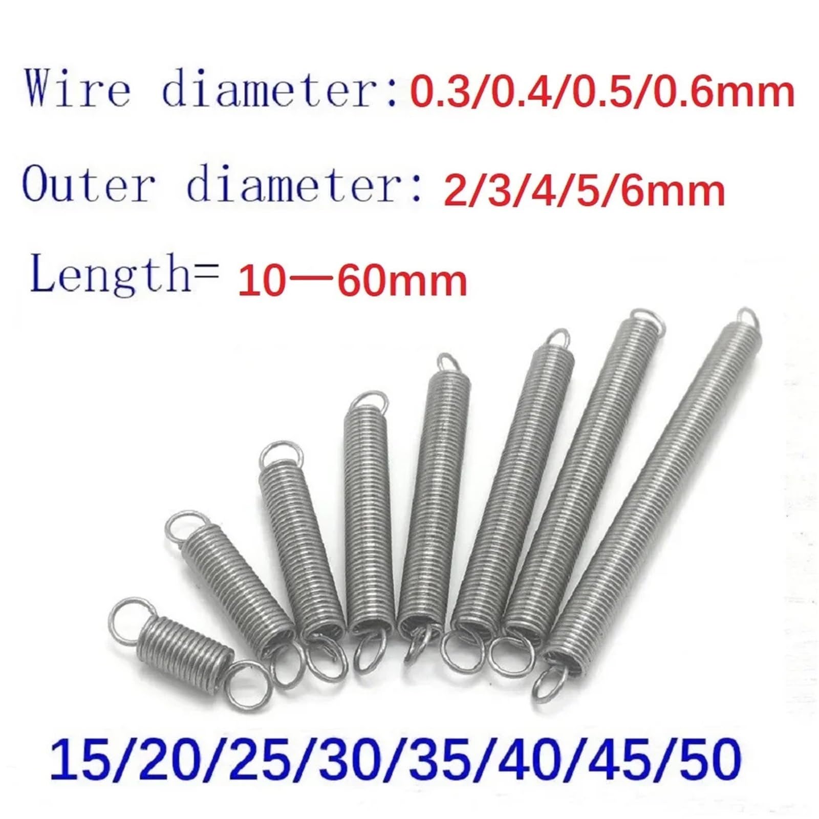 Extension Springs 100 Pcs 304 Stainless Steel Dual Hook Small Tension Spring Hardware Accessories Wire Dia 0.3/0.4/0.5/0.6mm Length 10-60mm(50mm,0.3 x 4.0mm)