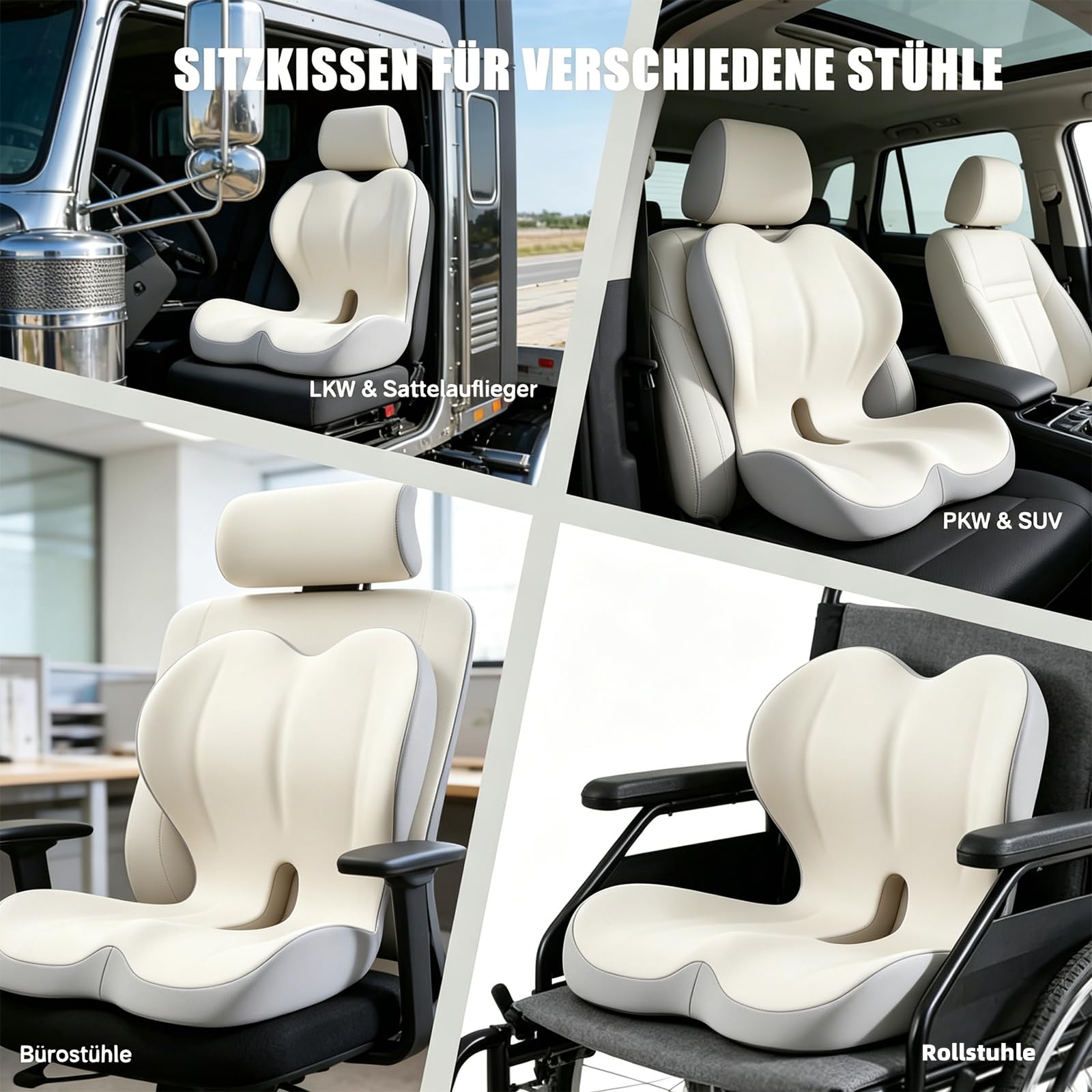 Sitzkissen Orthopädisch, Ergonomisches Sitzkissen mit Rückenlehne, Memory Foam L-förmige Integrierte, Steißbeinkissen, Sitzpolster für Bürostuhl, Rollstuhl & Auto Ischias (Beige)