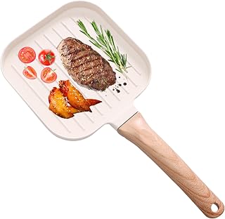Aluminium Alloy Square Grilling Pan for All Stoves Nonstick Grill Skillet Steak Pan Versatile Wood Handle Stove Top Grill for Indoor Cooking Outdoor Grilling(white,1)