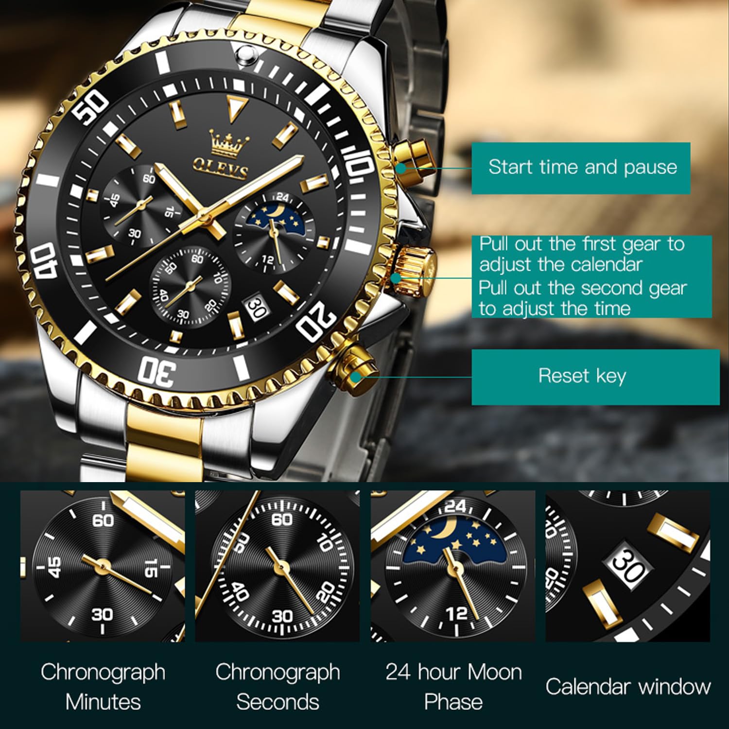 OLEVS Reloj para Hombre, Resistente al Agua, Reloj de Pulsera de Lujo de Acero Inoxidable de Dos Tonos con Fecha de día, Reloj de Cuarzo clásico Deportivo clásico de Moda