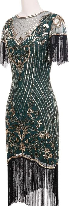 FAIRY COUPLE Women's 1920s Great Gatsby Flapper Dress - Black Gold Sequin, Lace Neck, With Slip - View #5