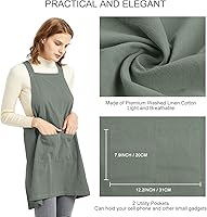 Vista 4 de ELEZAY Delantales para mujer con bolsillos, talla grande, cómodo, espalda cruzada, sin lazo, delantal de lino y algodón
