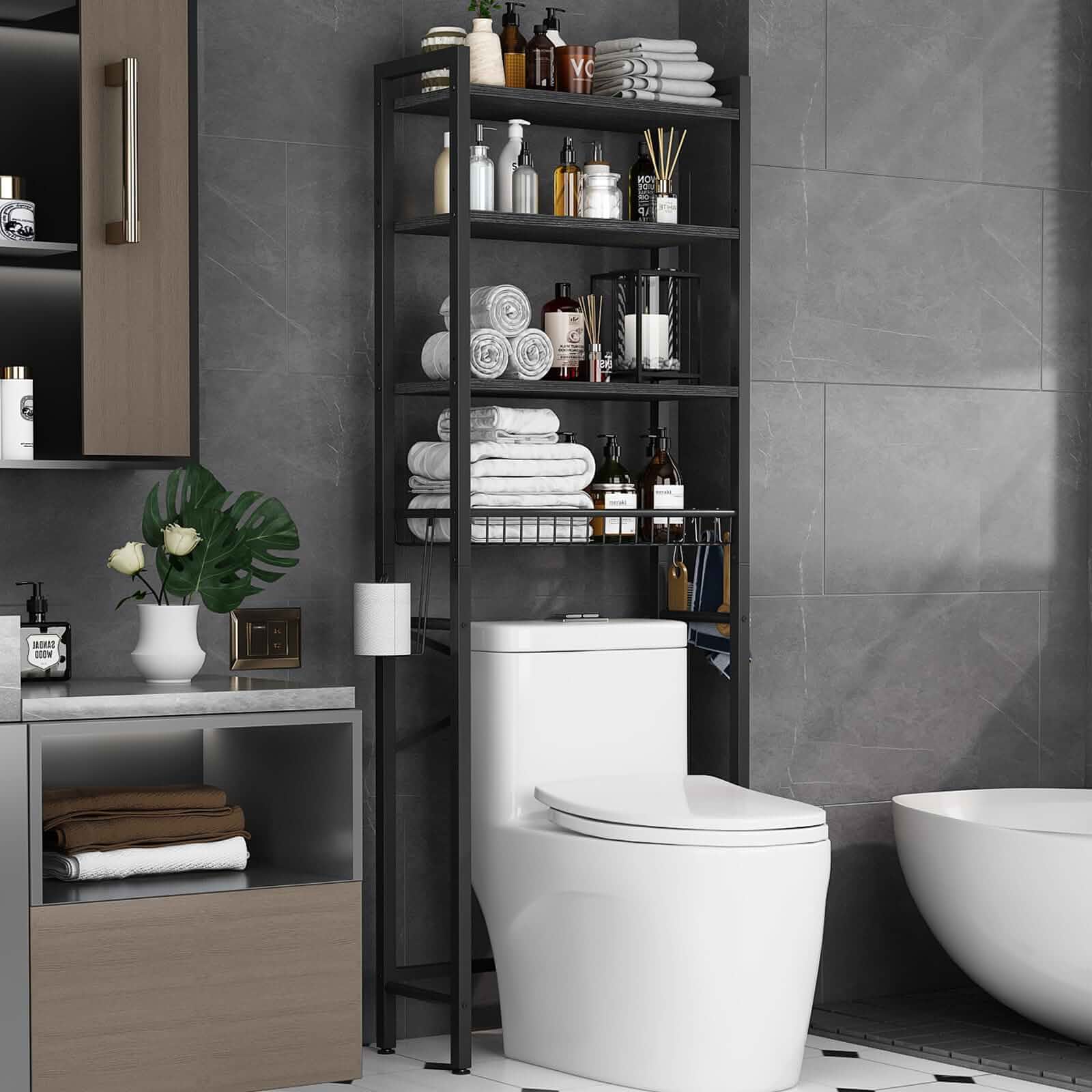 Kalrin Over-The-Toilet Storage Rack, 4-Tier Bathroom Organizer Shelf Over Toilet with Adjustable Shelf and Basket, Freestanding Space Saver Bathroom Shelves Above Toilet for Room (Pure Black) Freestanding