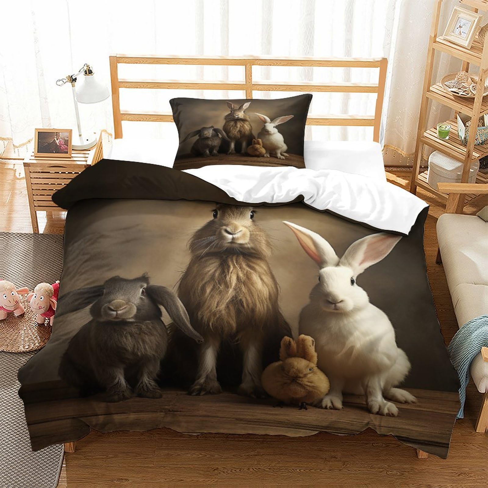 P1S9U7W5Y Adorable Rabbit 3D Printed 3 Piece Microfiber Duvet Cover Set for Adults Teens, Soft Breathable Bedroom Decorative Bunny Bedding Set Single（135x200cm）