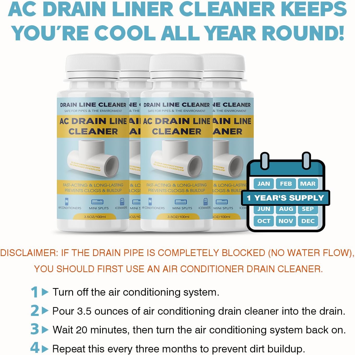 4 Pack A/C Condensate Drain Line Cleaner - Prevents Odors & Water Damage