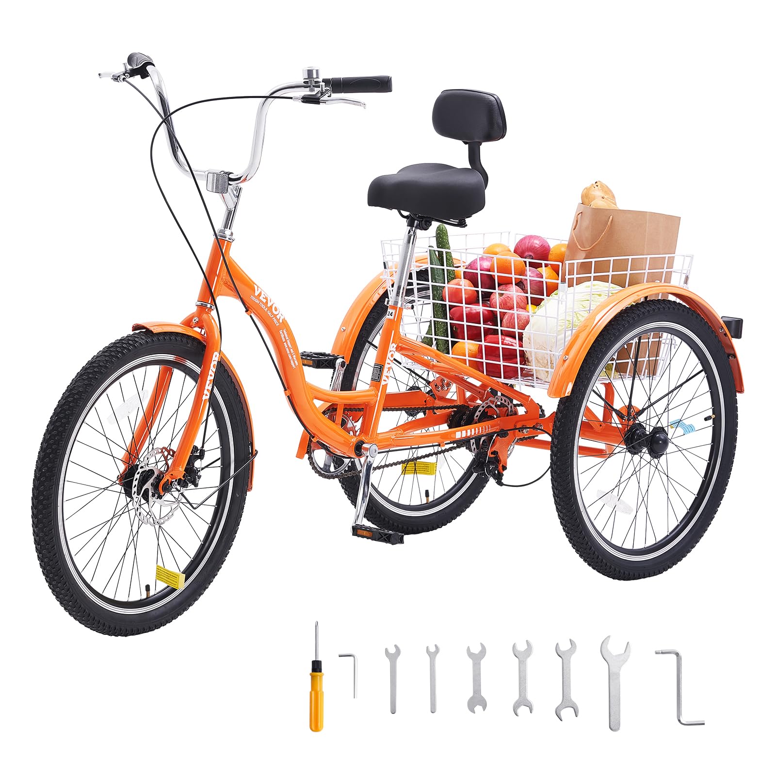 VEVORAdult Tricycles Bike, 24 Inch Three-Wheeled Bicycles, 3 Wheel Bikes Trikes, Aluminum Alloy Cruiser Bike with Basket & Adjustable Seat, Picnic Shopping Tricycles for Seniors, Women, Men (Orange)