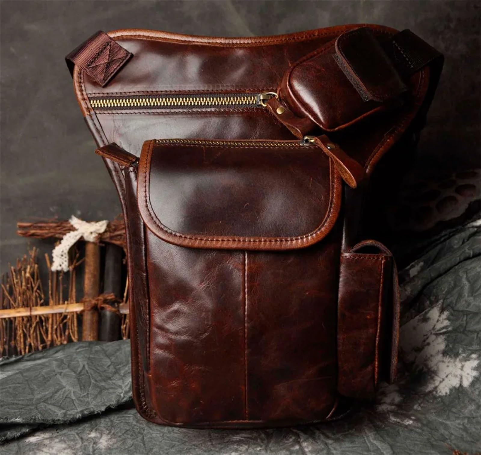 Sacoche de Jambe Moto Sac bandoulière en Cuir Multifonction for Homme(Color 3)