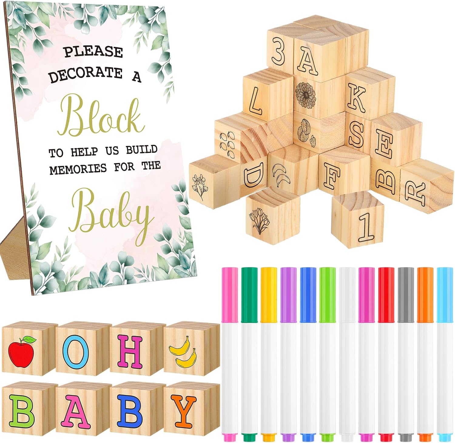 Watersay 53 Pcs Baby Shower Games Sign Kit Include 36 ABC Letter Alphabet Blocks 4 DIY Wooden Blocks 1 Block Frame Sign 12 Markers for Gender Reveal Building Game(Animal Style)