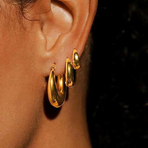 Vista 2 de Juego de 3 pares de aretes de aro gruesos de oroplata para mujer, chapados en oro de 14 quilates, delicados, hipoalergénicos, ligeros, gruesos