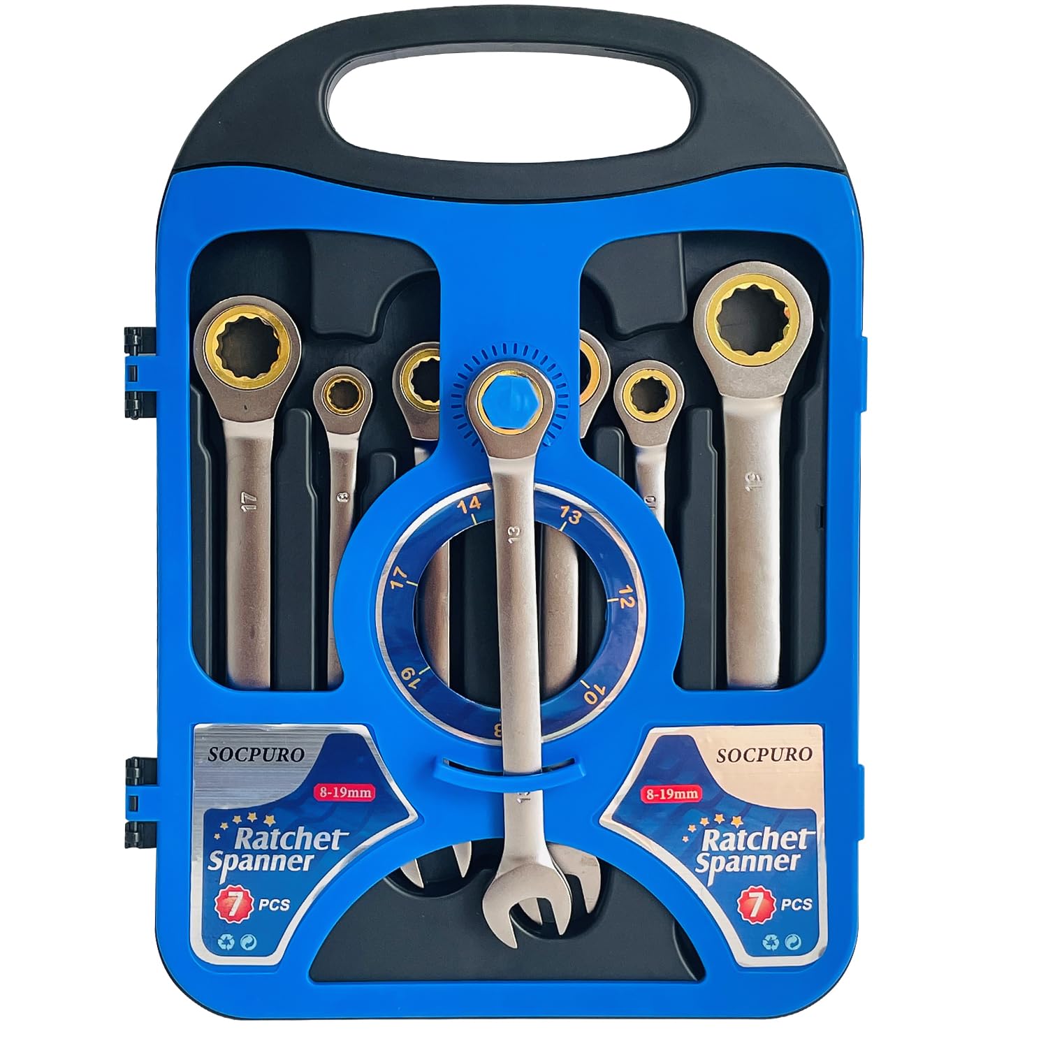 7-Piece Ratcheting Wrench Set 8-19mm - 72-Tooth Chrome Vanadium Steel With Storage Rack