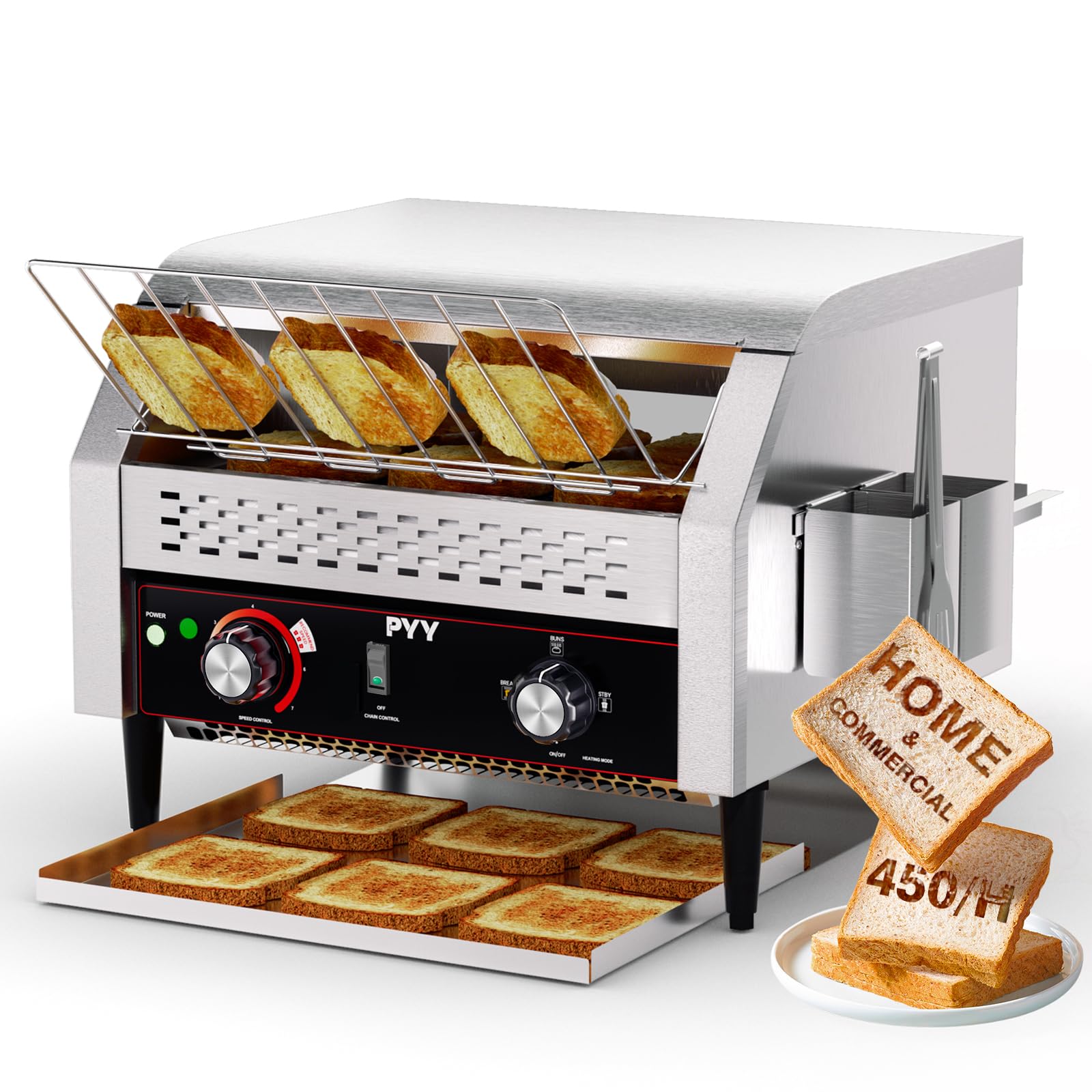 PYY Commercial Conveyor Toaster - Electric Industrial Belt Toasters Oven, 450 Slices/Hour Heavy Duty, Stainless Steel for Bun Bagel Bread Waffle Restaurant Buffet