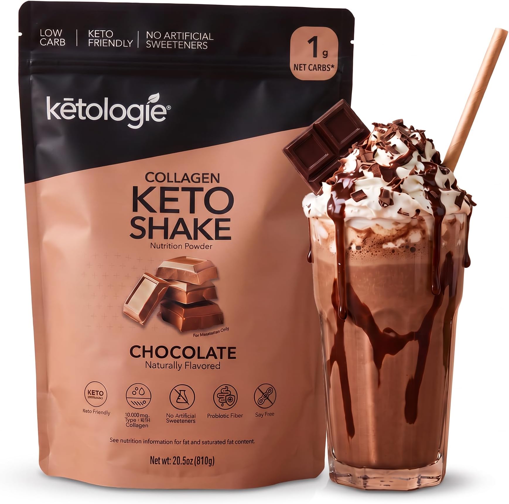 Keto Collagen Shake - with Coconut Oil, Prebiotics, Grass Fed Hydrolyzed Collagen Peptides Type I & III, Low Carb, Gluten Free - Chocolate