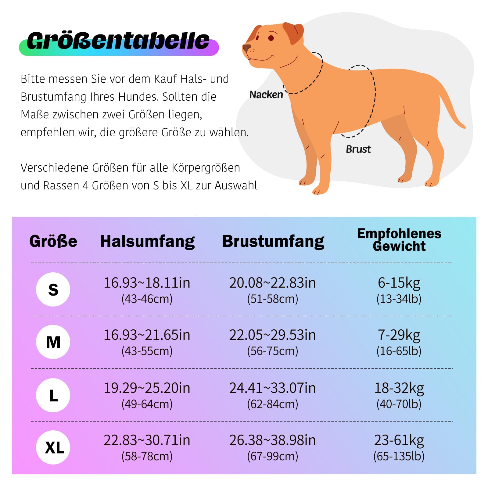 Leuchtendes Hundegeschirr – Mehrfarbiges LED-Hundegeschirr mit 7 Leuchtmodi | Wiederaufladbare Sicherheitsweste ohne Zug, USB-Anschluss, mit Griff für mittelgroße bis große Hunde (M)