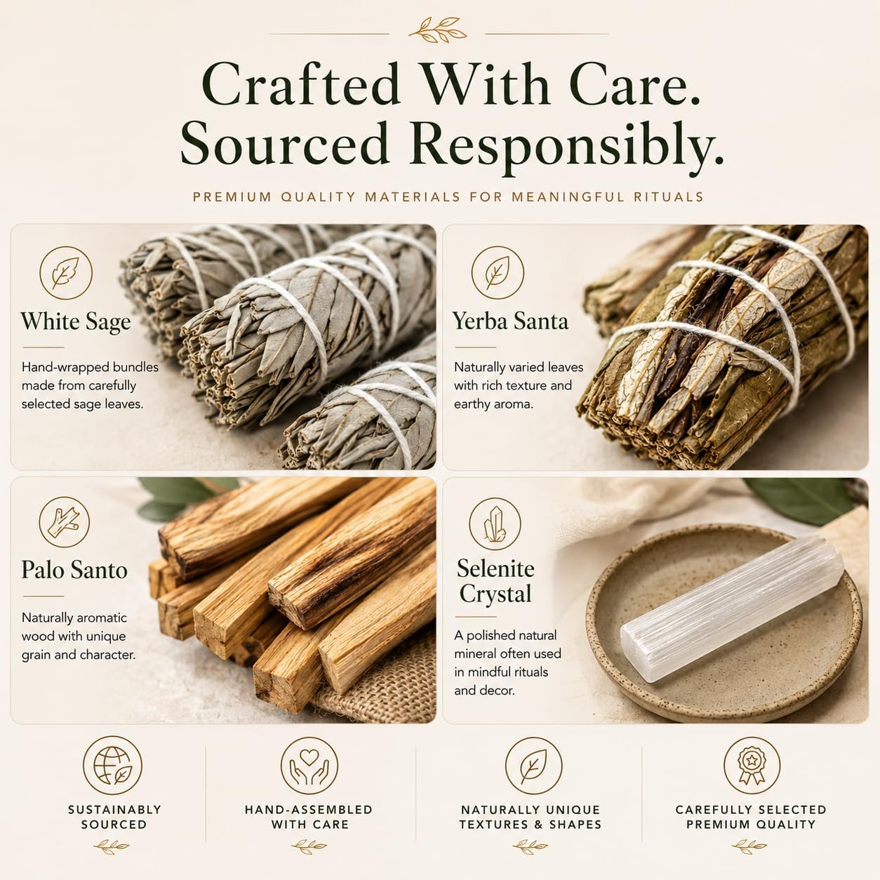 Premium Smudging Kit with White Sage, Cedar Smudge, Yerba Santa, Palo Santo & Selenite Crystal - 6 Piece Cleansing & Relaxation Set for Meditation, Rituals & Home Atmosphere