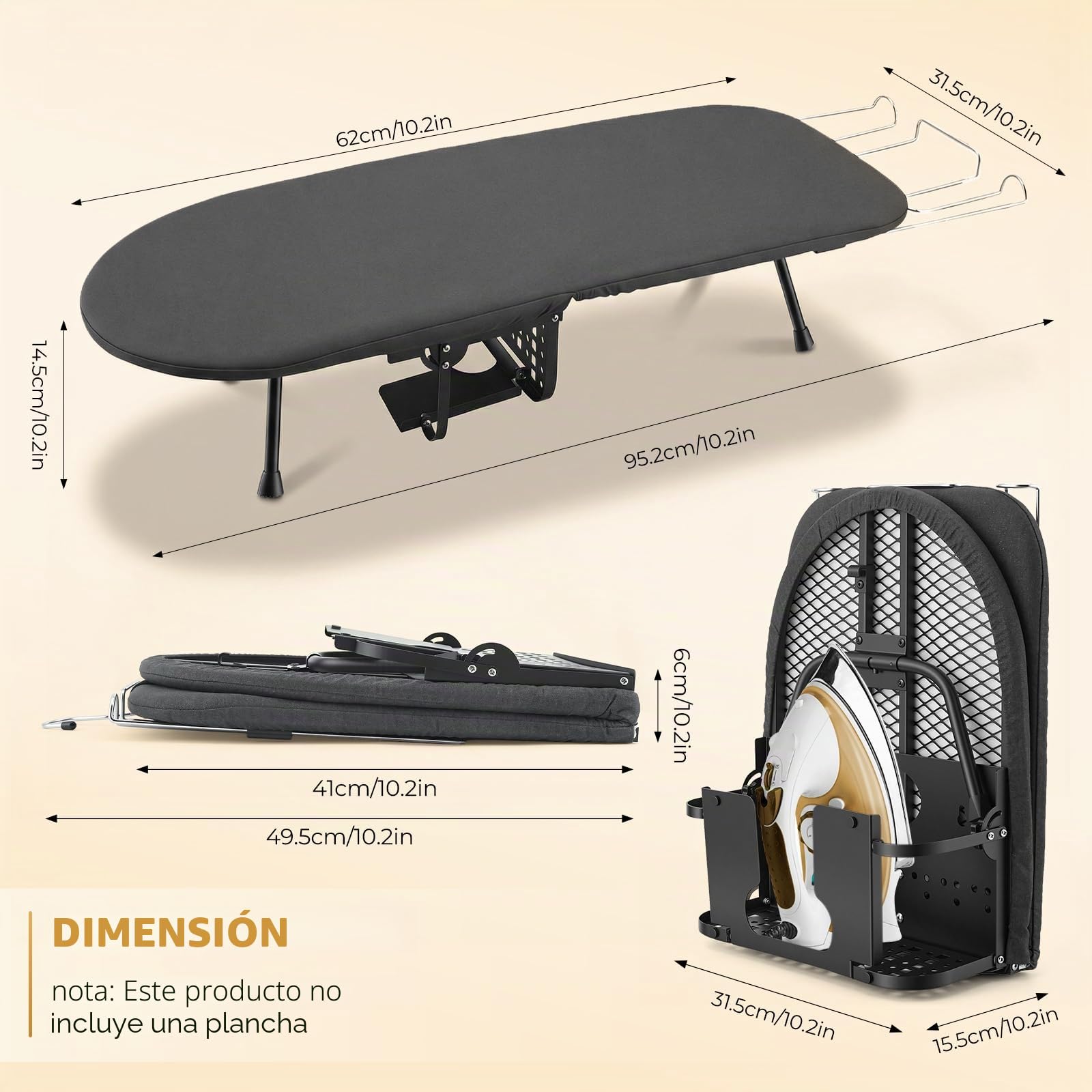 Tabla de planchar plegable 81x30 cm – Compacta y ahorra espacio con estructura de acero y cubierta de algodón | Incluye soporte para planchar y patas antideslizantes | Ideal para pequeños apartamentos